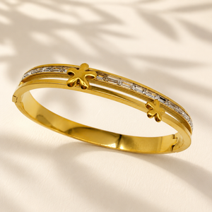 Gold Cushion Diamond Bezel Oval Kada for Women | Square Halo Stone Stainless Steel Ladies Bangle | Refined Festive Jewellery