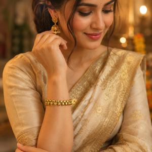 Gold Chunky Oval Egg Bead All Around Kada for Women | Large Ball Motif Stainless Steel Ladies Bangle | Bold Festive Wrist Jewellery