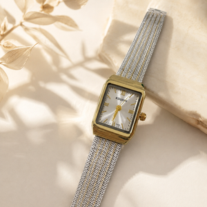 Watches Two-Tone Rectangular Dial Roman Numeral Mesh Bracelet Watch for Women
