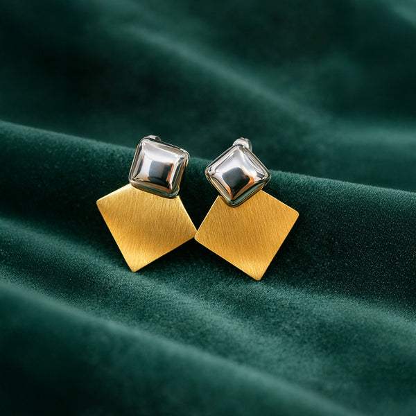 Anti-Tarnish Gold Plated Silver Stud with Gold Square Earrings by House of Viya on green fabric background