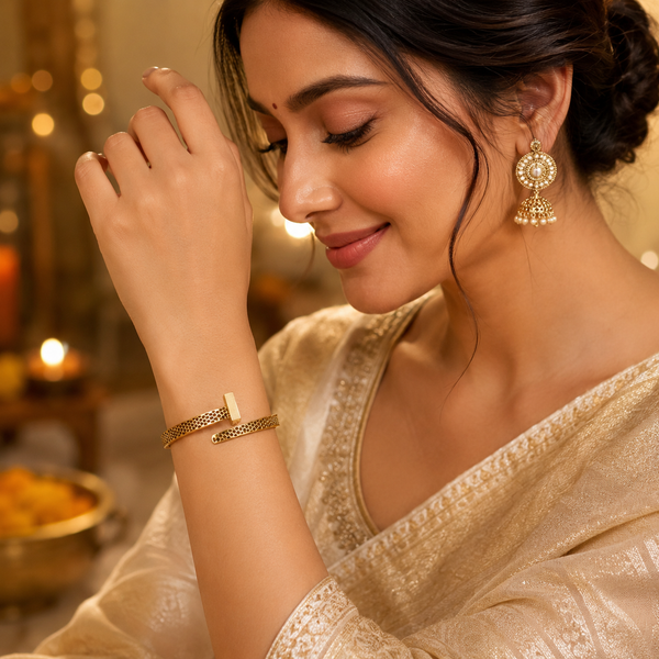 Gold Honeycomb Diamond Oval Kada for Women | Hexagonal Stone Pattern Stainless Steel Ladies Bangle | Geometric Luxury Jewellery