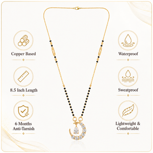 KZ Gold Plated Moon Crescent CZ Mangalsutra for Women Black Bead Chain Celestial Pendant FS