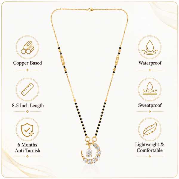 KZ Gold Plated Moon Crescent CZ Mangalsutra for Women Black Bead Chain Celestial Pendant FS