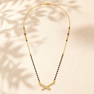 KZ Gold Plated Cross Bar CZ Mangalsutra for Women Black Bead Chain Diagonal X Bar Pendant FS