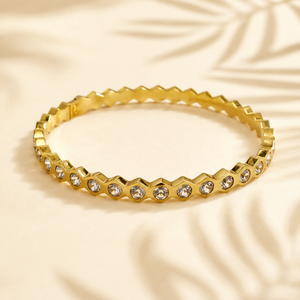 Gold Flush Set Diamond Band Oval Kada for Women | Grain Set Stone Stainless Steel Ladies Bangle | Refined Festive Jewellery