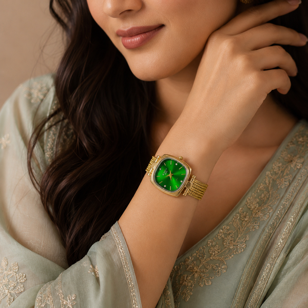 Watches Gold-Tone Square Green Dial Mesh Bracelet Watch for Women