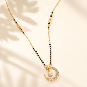 KZ Gold Plated Moon Crescent CZ Mangalsutra for Women Black Bead Chain Celestial Pendant FS