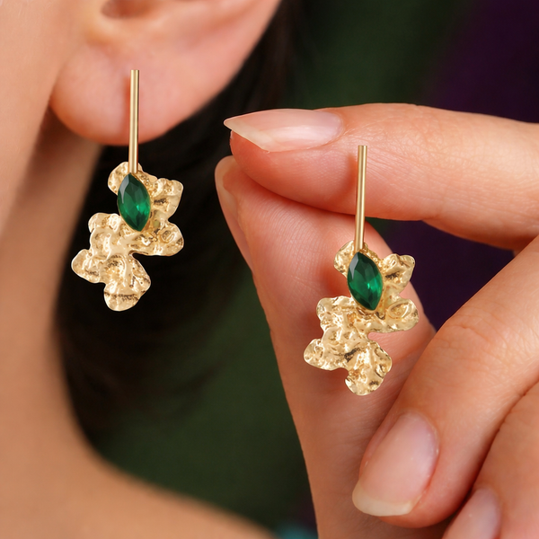Anti-Tarnish Gold Plated Abstract Floral Crystal Green Earrings - 1 Pair