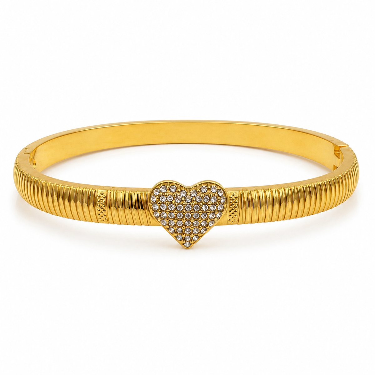 Gold Ribbed Grooved Band Single Heart Diamond Kada for Women | Striated Center Stone Stainless Steel Ladies Bangle | Elegant Festive Jewellery