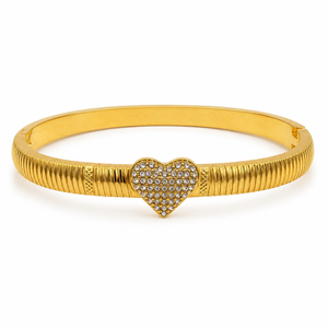 Gold Ribbed Grooved Band Single Heart Diamond Kada for Women | Striated Center Stone Stainless Steel Ladies Bangle | Elegant Festive Jewellery
