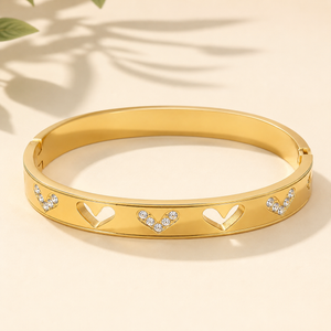 Gold Plain Oval Cuff Star Diamond Motif Kada for Women | Cross Pattern Stone Stainless Steel Ladies Bangle | Minimal Festive Jewellery