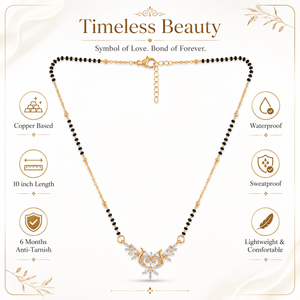 KZ Gold Plated Floral Wing CZ Mangalsutra for Women Black Bead Chain Marquise Leaf Pendant FS