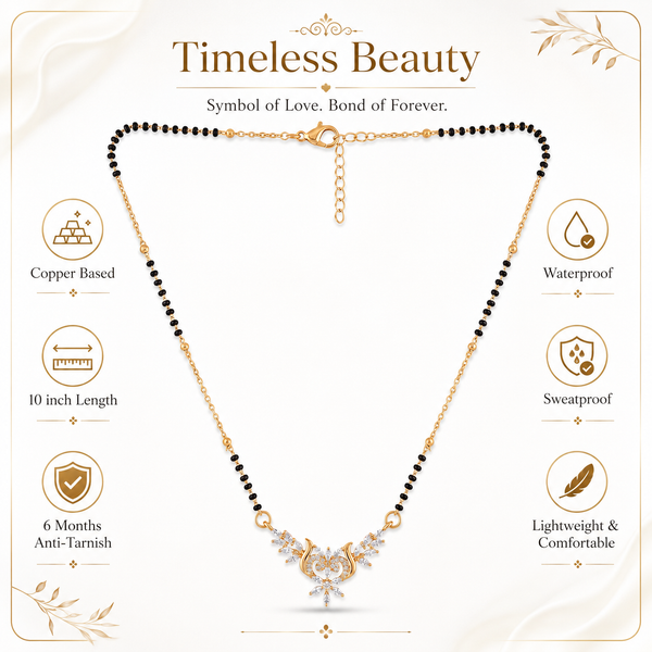 KZ Gold Plated Floral Wing CZ Mangalsutra for Women Black Bead Chain Marquise Leaf Pendant FS