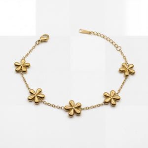 Gold Plated Delicate Chain Bracelet with Multiple Gold Floral Quatrefoil Charm Stations and Lobster Clasp