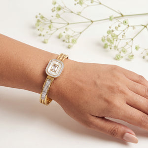 Emerald Cut CZ Halo Watch Style Baby Kada Bangle | Gold Plated Rectangular Plaque Bracelet for Women