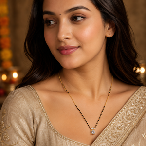 KZ Gold Plated Square CZ Solitaire Mangalsutra for Women Black Bead Chain Stacked Stone Pendant FS