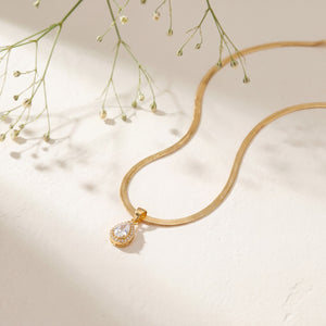 Gold Teardrop CZ Pendant Snake Chain Anti-Tarnish Necklace