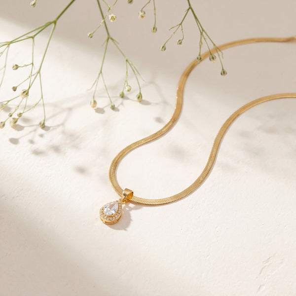 Gold Teardrop CZ Pendant Snake Chain Anti-Tarnish Necklace