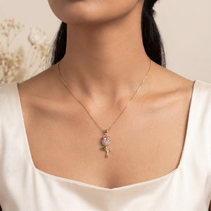 Gold Pink Enamel Rose Flower Pendant Chain Anti-Tarnish Necklace