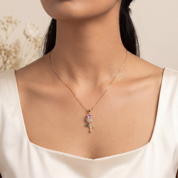 Gold Pink Enamel Rose Flower Pendant Chain Anti-Tarnish Necklace