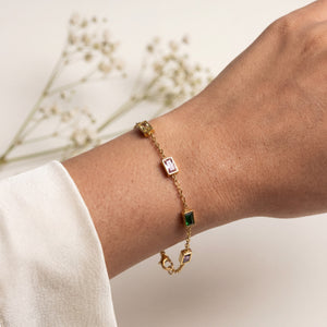 Gold Plated Emerald Cut Multicolor Rectangular Stone Bezel Station Chain Bracelet with Lobster Clasp