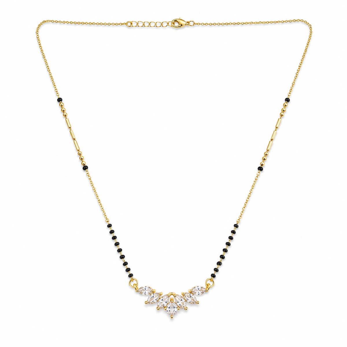 KZ Gold Plated Marquise Cluster CZ Mangalsutra for Women Black Bead Chain Floral Fan Pendant FS