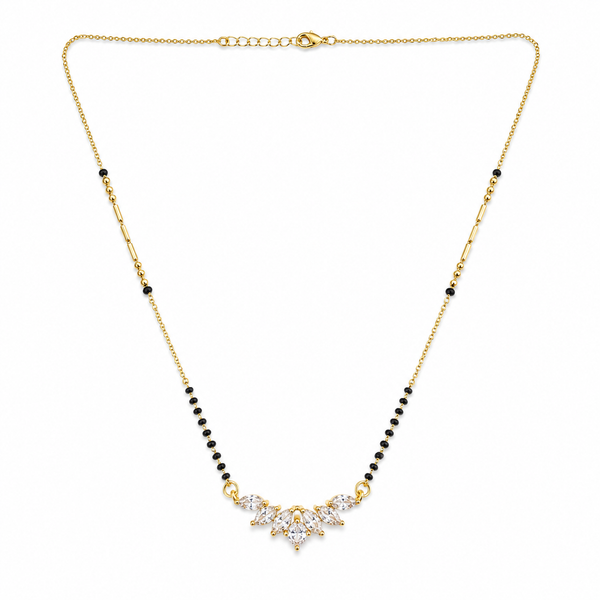 KZ Gold Plated Marquise Cluster CZ Mangalsutra for Women Black Bead Chain Floral Fan Pendant FS