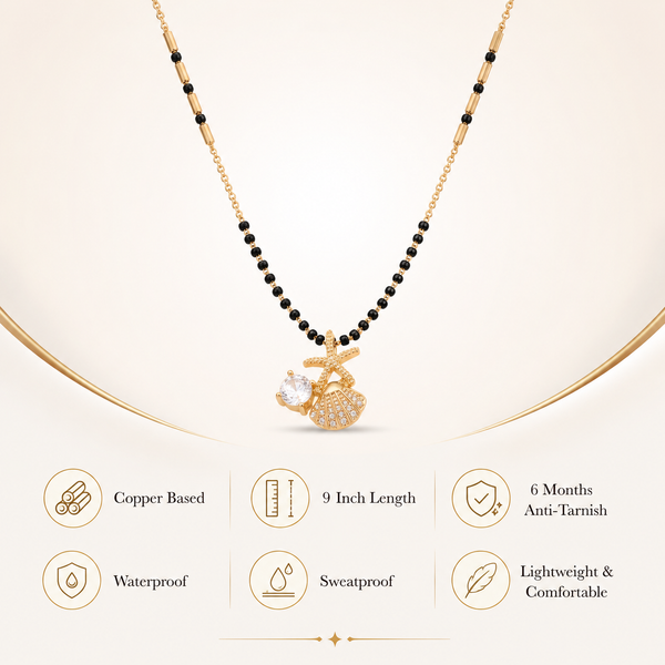 KZ Gold Plated Starfish Shell Mangalsutra for Women Black Bead Chain Ocean Charm Pendant FS