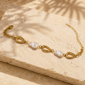 Gold Plated Adjustable Chain Bracelet with Alternating Open Oval Rings and Baroque White Pearl Drops