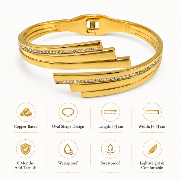 Gold Scallop Edge Diamond Oval Kada for Women | Wave Border Stone Stainless Steel Ladies Bangle | Fancy Design Jewellery