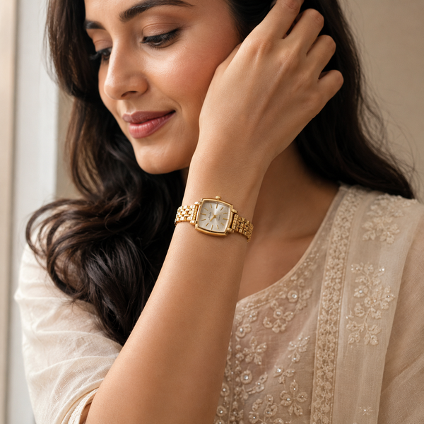 Watches Gold-Tone Square Dial Woven Mesh Bracelet Watch for Women