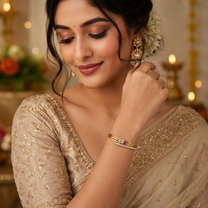 Gold Leaf Motif Diamond Oval Kada for Women | Botanical Stone Stainless Steel Ladies Bangle | Nature Inspired Jewellery