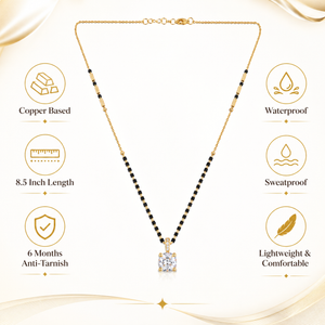 KZ Gold Plated Princess Cut Square CZ Solitaire Mangalsutra for Women Black Bead Chain Pendant FS