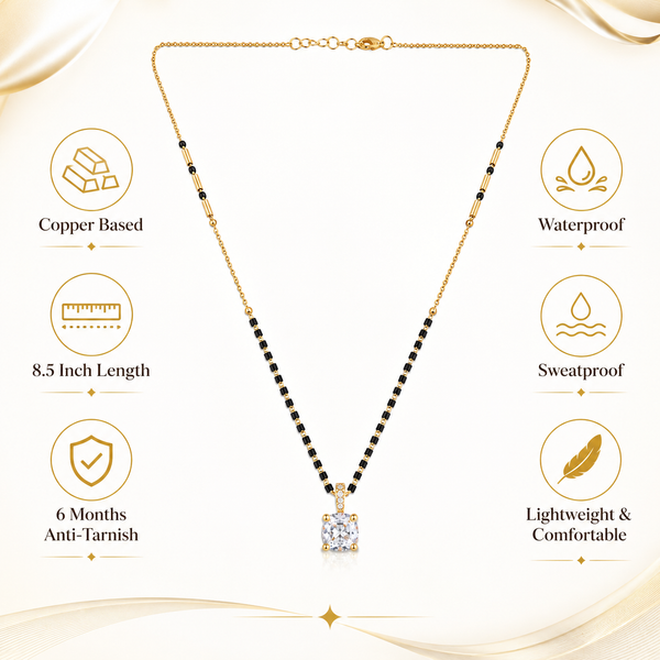 KZ Gold Plated Princess Cut Square CZ Solitaire Mangalsutra for Women Black Bead Chain Pendant FS