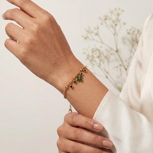 Gold Plated Snake Chain Bracelet with Green Clover and Black Stone Charm Cluster