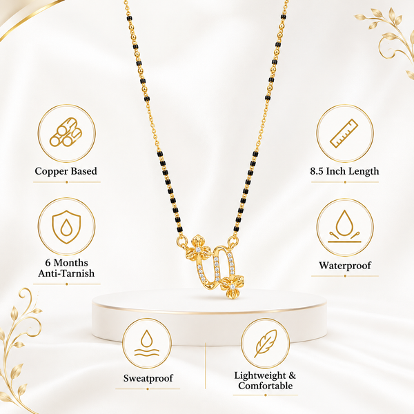 KZ Gold Plated Virgo Script CZ Mangalsutra for Women Black Bead Chain Zodiac Letter Pendant FS