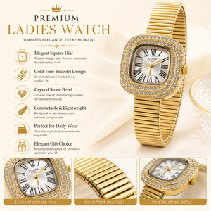 Watches Gold-Tone Square Dial Crystal Studded Bezel Bracelet Watch for Women