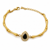 Gold Plated Bamboo Bar Link Bracelet with Oval Black Stone Halo Centrepiece and Lobster Clasp