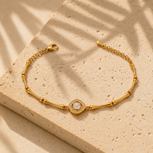 Gold Plated Bamboo Bar Link Bracelet with Rhombus White Stone Halo Centrepiece and Lobster Clasp
