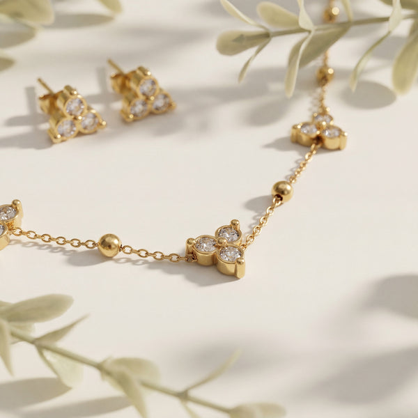 Anti tranish Gold plated 150 No. Minimal white traingle pendant Chain with Studd white traingle earring for adults - 1 Pc