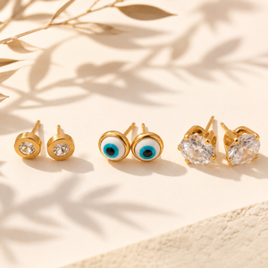 Earrings Zircon Button, Evil Eye & Zircon Solitaire Stud Earrings Set of 3 Pairs