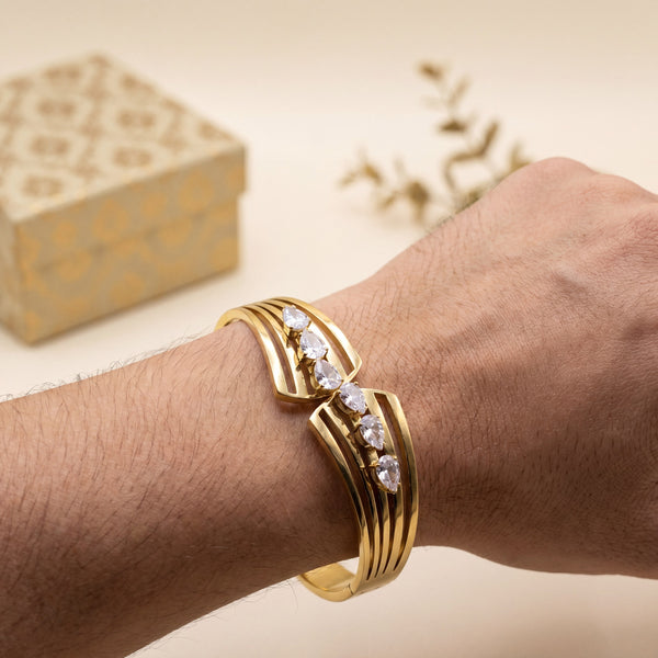 Multi-Cut CZ Cluster Bypass Baby Kada Bangle | Gold Plated Marquise Baguette Statement Cuff for Women