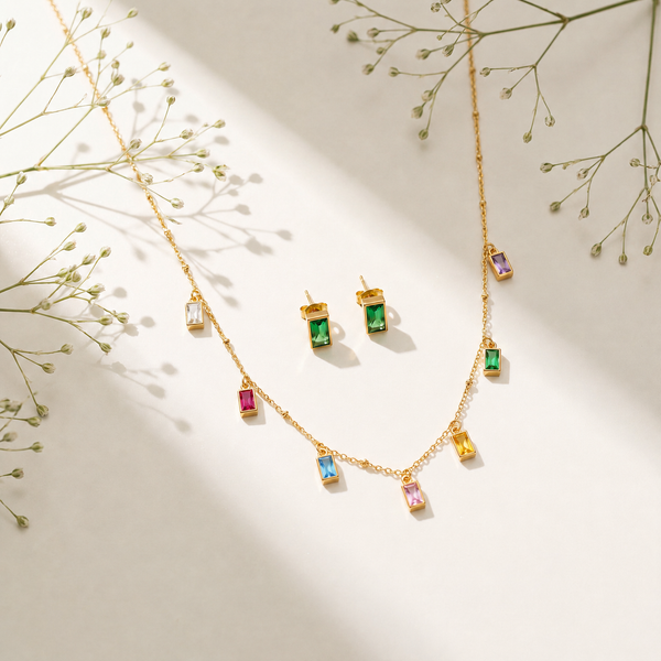 Anti tranish Gold plated 150 No. Minimal Square Multicolour solitare pendant with Studd green Square earring for adults - 1 Pc