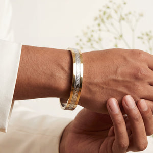 Men's Two-Tone Silver & Gold Plated Stainless Steel Engraved-Pattern Open Cuff Kada