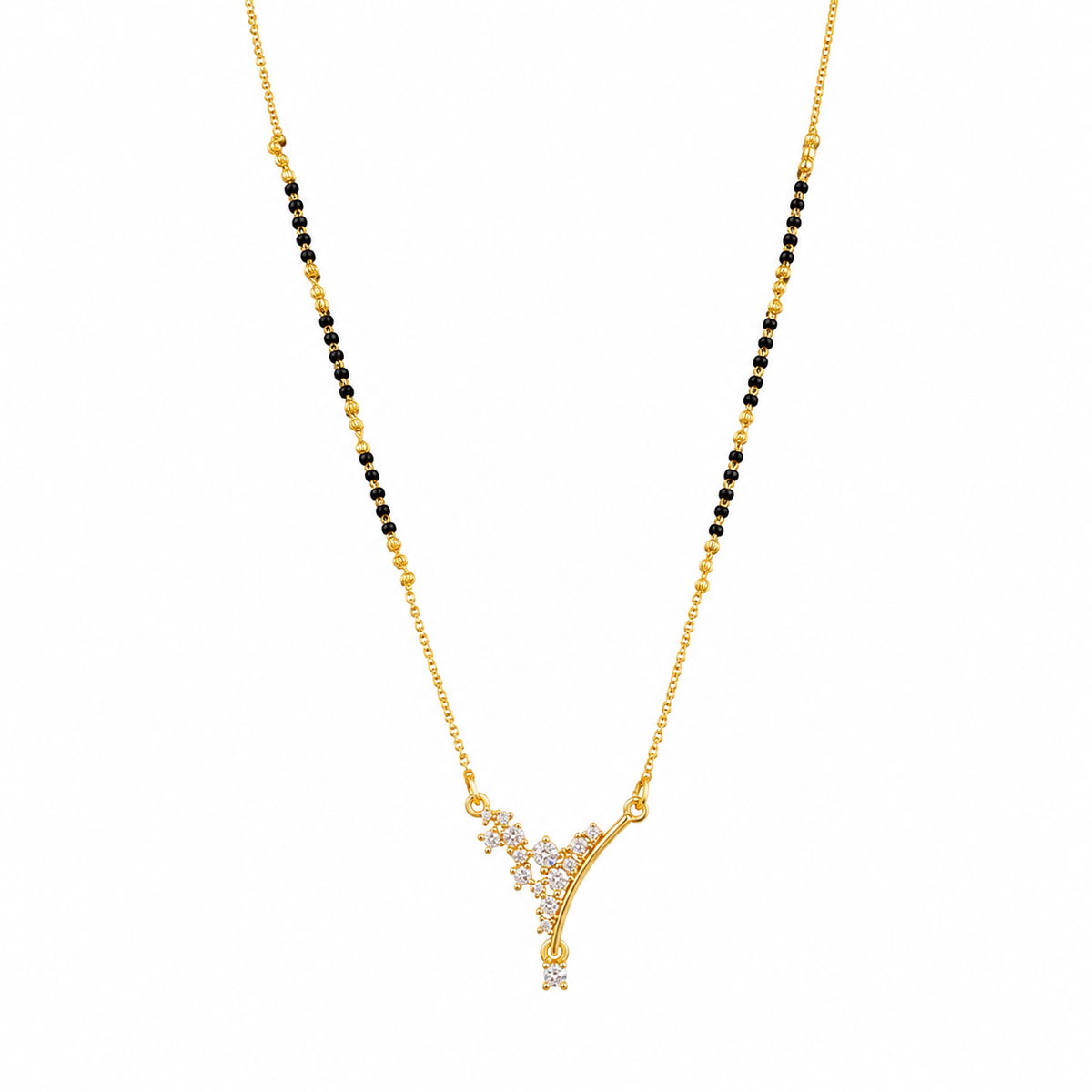 KZ Gold Plated Y Branch CZ Mangalsutra for Women Black Bead Chain Vine Floral Pendant FS