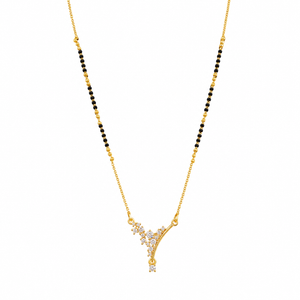 KZ Gold Plated Y Branch CZ Mangalsutra for Women Black Bead Chain Vine Floral Pendant FS