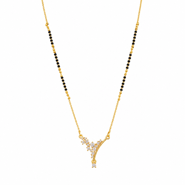 KZ Gold Plated Y Branch CZ Mangalsutra for Women Black Bead Chain Vine Floral Pendant FS
