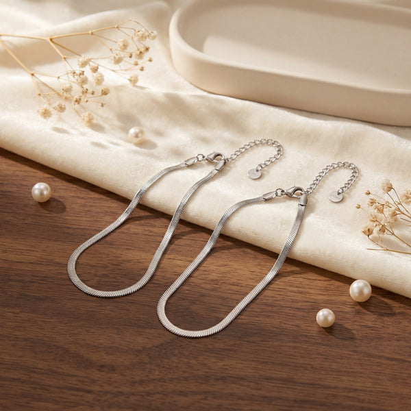 Anti-Tarnish Silver Plated Snake Chain Anklet pair on wooden surface with pearls - House of Viya