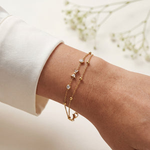 Gold Plated White Stone Bezel and Star Charm Dual Strand Beaded Chain Bracelet with Lobster Clasp