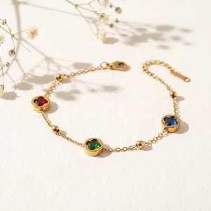 Gold Plated Delicate Chain Bracelet with Round Bezel Set Multicolour Stone and Gold Bead Stations
